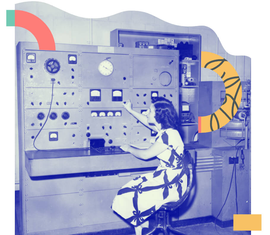A women working at a vintage weather station to illustrate DNSimple features for Agencies