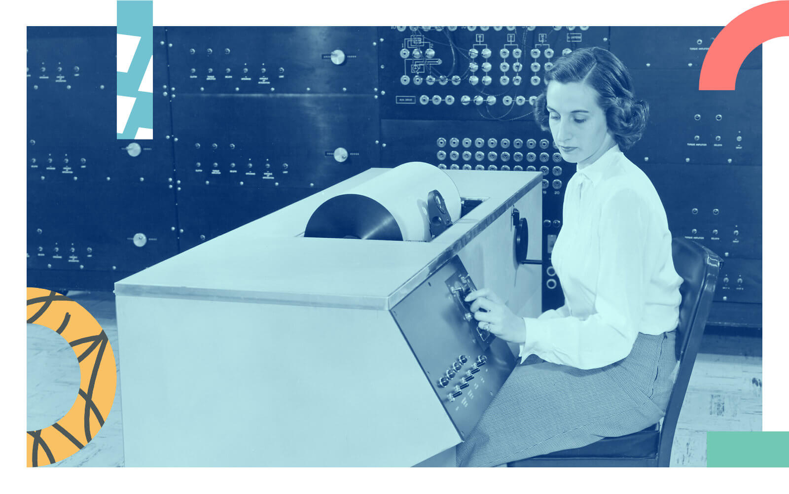A woman working with a vintage computer to illustrate DNSimple modern DNS hosting