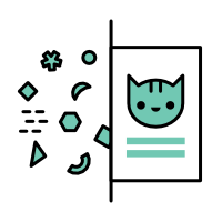 Icon of a cat on a document next to fragmented data